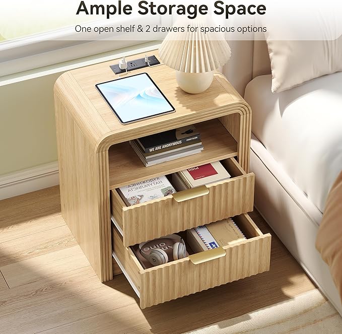 Decofy Fluted Nightstand with Charging Station, 19.7'' Wide Morden End Table with USB/Type-C Ports, 2 Drawers & Open Shelf, Curved Profile Design, Wood Bedside Table for Bedroom (Natural Oak)