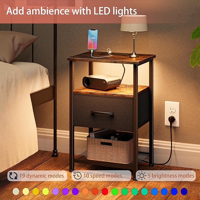 LAKEMID Nightstands Set of 2,Night Stand with Charging Station and Drawer,Bedside Table with 20 Colors LED Light Strip,End Table for Bedroom Living Room (Rustic Brown)