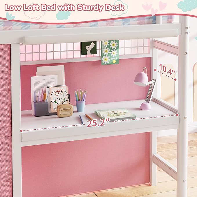 Twin Low Loft Bed with Desk, 7 Storage Drawers & LED Lights, Kids Metal Loft Bed with 12" H Safety Guardrail, Underbed Play Space & Curtain, Anti-Collision Pad (Pink)