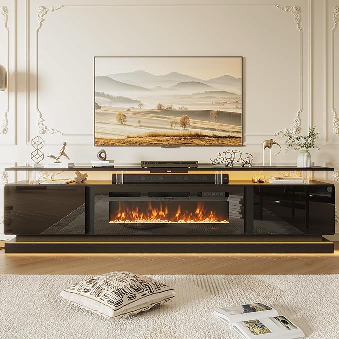 80 Inch Fireplace TV Stand, Modern Entertainment Center for TVs Up to 90", TV Console with Storage Cabinets, Media Console for Living Room, 80IN Black TV Stand and 36IN Black Fireplace