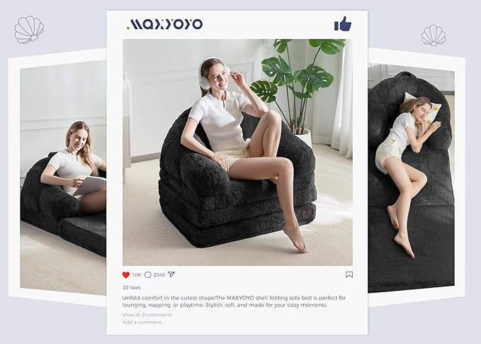 MAXYOYO Folding Sofa Bed, 2 in 1 Convertible Sofa to Lounger Comfy Single Bean Bag Chair for Adults, Floor Sleeper Couch with Handle, Faux Fur Couch Bed for Living Room Bedroom, Black