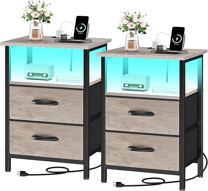 Vagusicc Night Stand Set 2, LED Nightstand with Charging Station, Bedside Table with USB Ports & Outlets, 24.2" Tall End Table with open Shelf, Bed Side Table with 2 Fabric Drawers for Bedroom, Greige