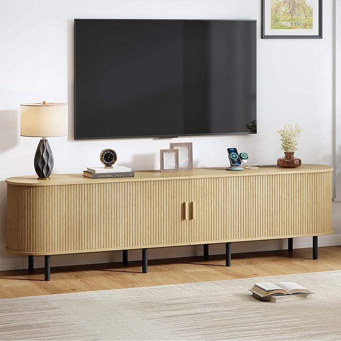 86.6" TV Stand with Power Outlet, Mid-Century Modern Television Stand, Fluted Media Console with Sliding Doors, Entertainment Center for TVs up to 90 Inch, Adjustable Shelves, Oak