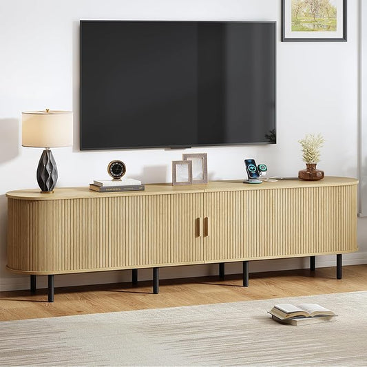 86.6" TV Stand with Power Outlet, Mid-Century Modern Television Stand, Fluted Media Console with Sliding Doors, Entertainment Center for TVs up to 90 Inch, Adjustable Shelves, Oak