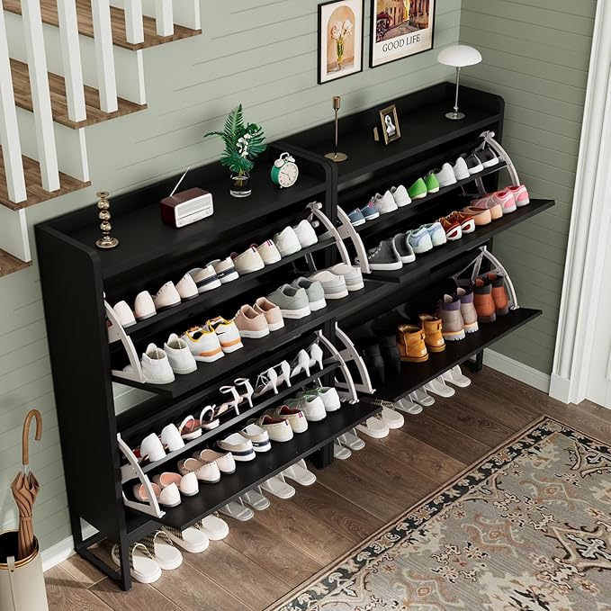 GRUSIGN Shoe Cabinet, Shoe Storage Cabinet with 2 Flip Drawers & Adjustable Shelf, Space-Saving Shoe Organizer – Holds 16+ Pairs, Narrow Shoe Cabinet Storage for Entryway/Hallway（Black）