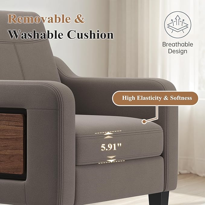Accent Chair for Living Room, Mid-Century Upholstered Armchair with Foldable Table & 2 Side Pockets, Modern Linen Wooden Sofa Chair for Bedroom & Reading Room, Brown