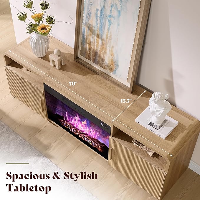 AMERLIFE 70" Fluted Fireplace TV Stand for TVs Up to 80", Modern TV Console with 30" Electric Fireplace & Storage Cabinets, Media Entertainment Center for Living Room, Natural Oak
