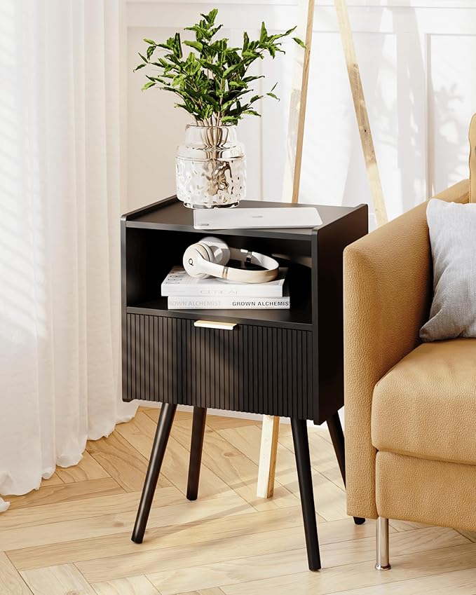 JOONEE Black Nightstand,Modern Bedside Table with Storage Drawer and Open Wood Shelf, for Living Room, Bedroom and Small Spaces, Accent Night Stand with Solid Wood Legs, Easy Assembly,Classic Black