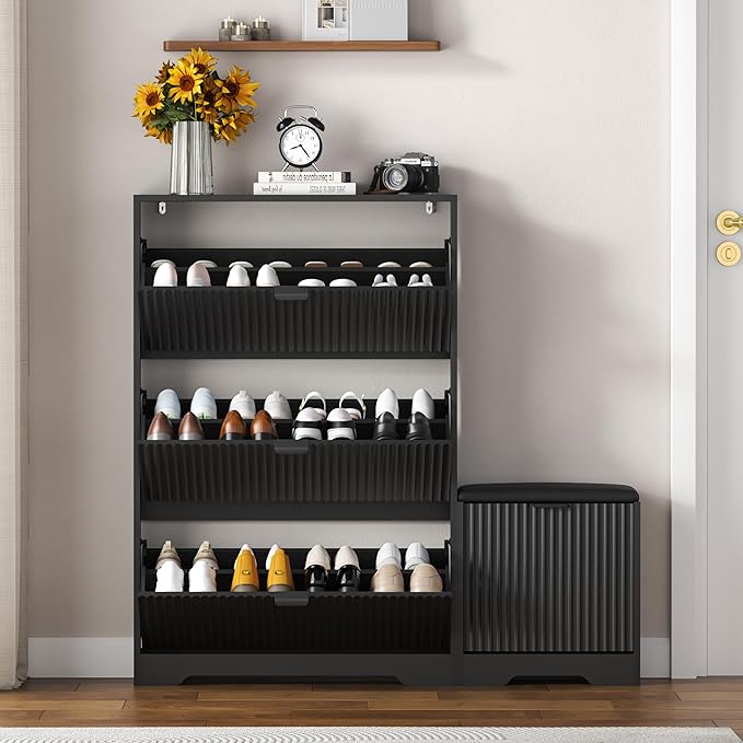 HUANLEGO Shoe Cabinet Storage for Entryway with 4 Flip Drawers, Black Fluted Shoe Cabinet with Bench, Wooden Hidden Shoe Rack Freestanding Narrow Slim Shoes Storage Organizer for Hallway, Entrance