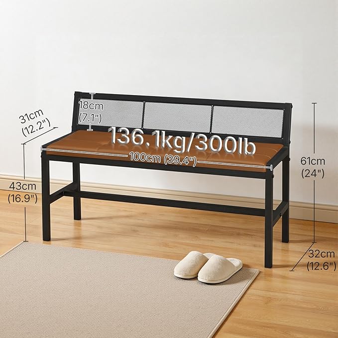 YATINEY Dining Bench, 39.4'' Kitchen Bench with Back, Dining Room Bench with PU Leather Upholstered Seat, Entryway Bench with Metal Legs for Dining Room, Entryway, Living Room, Black and Brown DB01BV