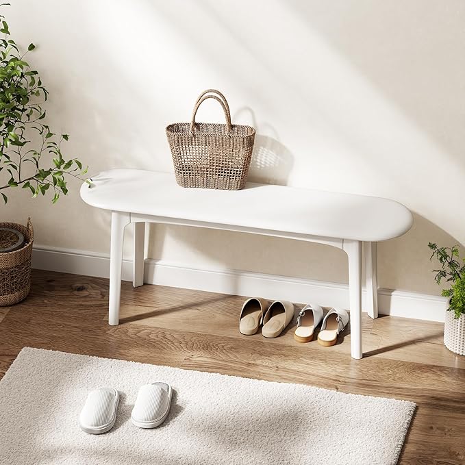 DONGMUWUEJEE 100% Solid Wood Dining Bench, Wood Bench for End of Bed with Rounded Corners, Entryway Benches for Farmhouse, Kitchen, Living Room and Plant Stand (White, 39.4" D x 11.8" W x 19.7" H)
