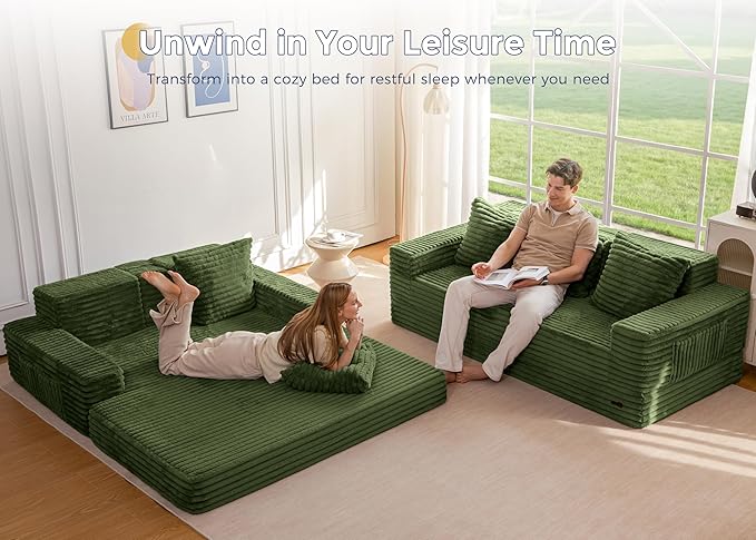 MAXYOYO Loveseat Sofa Bed, Striped Faux Fur Foldable Floor Sofa Couch in A Box, 4 in 1 Convertible Boneless Couch with 2 Cup Holders, Folding Recliner Sleeper Chair, No Assembly Required, Pine Green