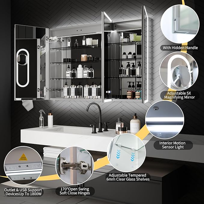 ExBrite 48 x 32 Lighted Medicine Cabinet with Mirror, Front&Backlit led Medicine Cabinet,Clock Temp Display,Defog,5X Magnifier,3 Colors Temper Dimmable,Surface or Recessed Mount,Door Wide Open