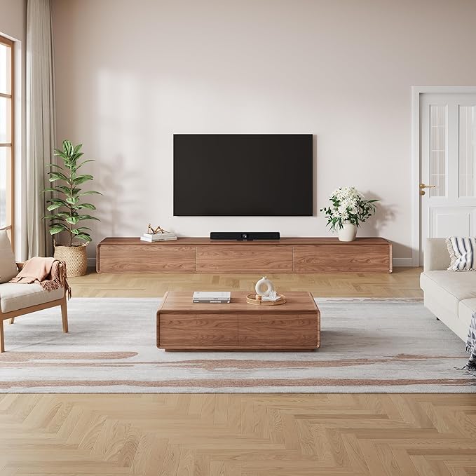 Floor Base TV Stand, Mid-Century Modern Media Console with 3 Storage Drawers, Fits 65–100 Inch TVs, Low Profile Entertainment Center(Walnut, 78.74", Floor Standing (Full Base))