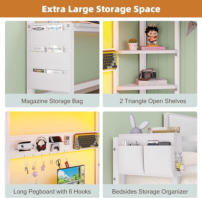 Dnxao Twin Size Loft Bed with Desk, Anti-Wobble Heavy Duty Metal Frame with DIY Pegboard & 6 Storage Drawers, LED Lights, Charging Station with Type-C, Space-Saving Workstation for Kids Teens, White