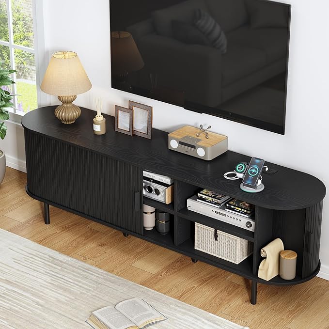 70.8" TV Stand with Power Outlet, Mid-Century Modern Television Stand, Fluted Media Console with Sliding Doors, Entertainment Center for TVs up to 60 Inch, Adjustable Shelves, Black
