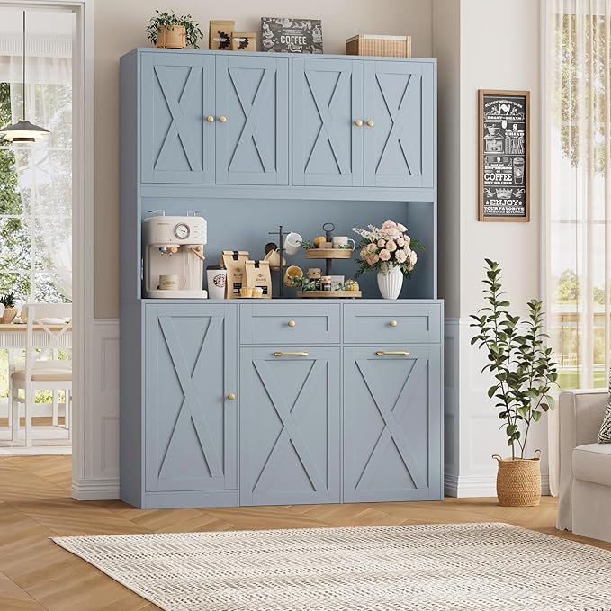 HOSTACK 71"H Kitchen Trash Can Cabinet, 12.5 Gallon Double Pull Out Garbage Can Hutch Cabinet with Trash Bin Storage Holders, 47" Wide Kitchen Pantry with Hidden Garbage Storage for Dining Room, Blue