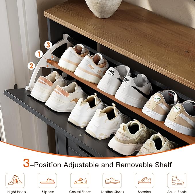 Nicetree Barn Door Shoe Cabinet for Entryway, 3 Flip Drawers Ultra Slim Shoe Storage Cabinet, 3-Tier Adjustable Shelves Shoe Organizer, Narrow Shoe Rack for Small Spaces