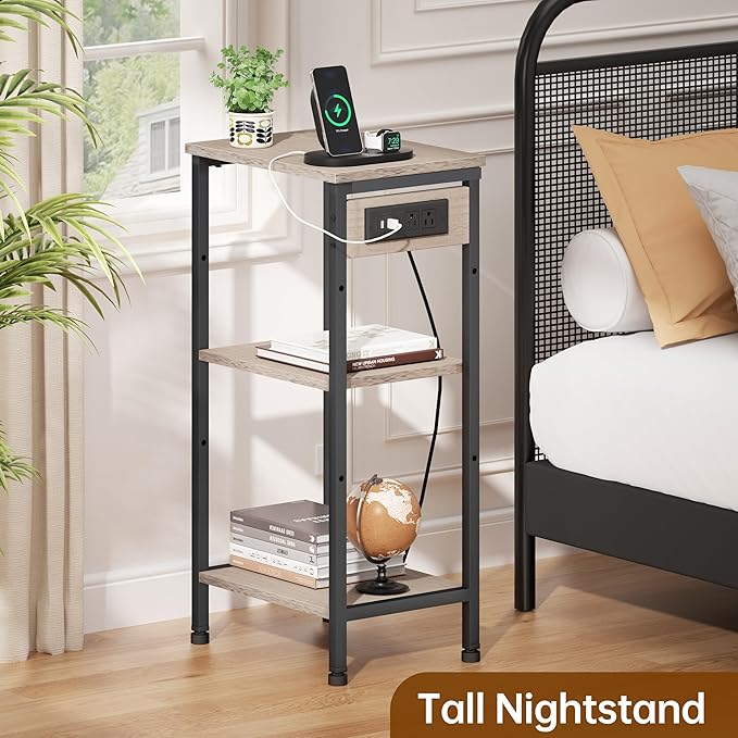 Asgolion Tall End Table with Charging Station, 3 Tier Narrow Beside Table with Adjustable Shelf, Tall Side Table Nightstand for Bedroom, Living Room Coffe Table, Office, Greige
