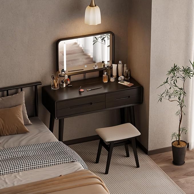 Solid Wood Vanity with Mirror and Lights, Adjustable Brightness, Wood Makeup Vanity with 3 Drawers, Semi-Assembled, Vanity Desk for Bedroom (Black)