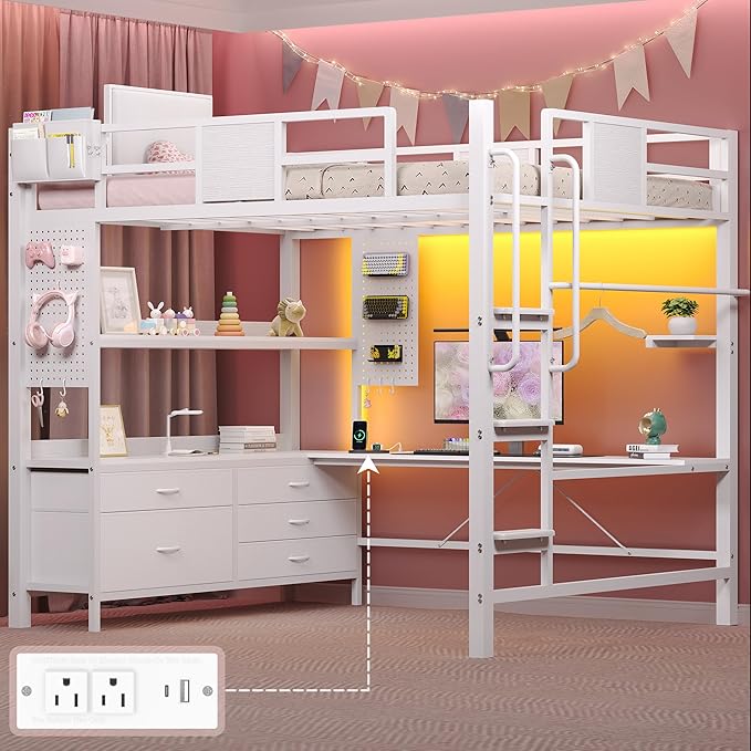 Loft Bed with Desk,Full Size Loft bed with 5 Drawers & 3 Open Shelves and & Clothing Rack,Loft Bed Full Size with Charging Station &LED Light & Thickened Tread Stairs for Adults/Kids/Young Teens,White