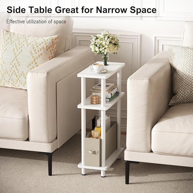 Apicizon Small Narrow Side Table, 3-Tier Skinny End Table with Fabric Basket, Slim Nightstand Bedside Table for Small Spaces, Living Room, Bderoom, White