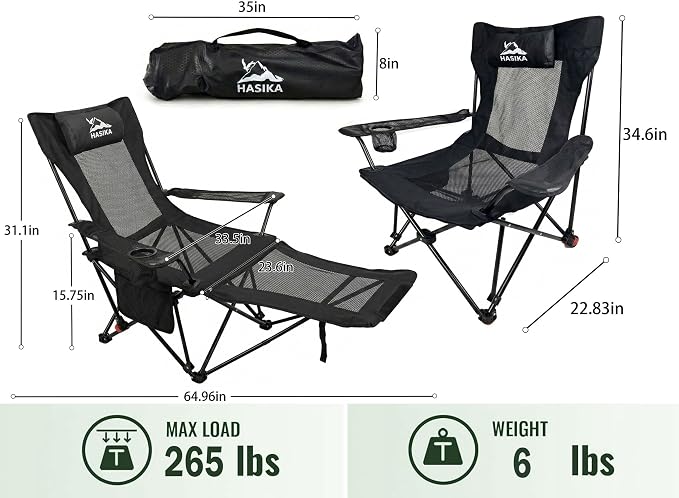 HASIKA Reclining Camping Chair with Footrest, Ultra-Lightweight Portable Folding Lounge Chair for Outdoor Hiking Picnic Beach, 4-Position Adjustable Back Support with Headrest & Carry Bag, Black