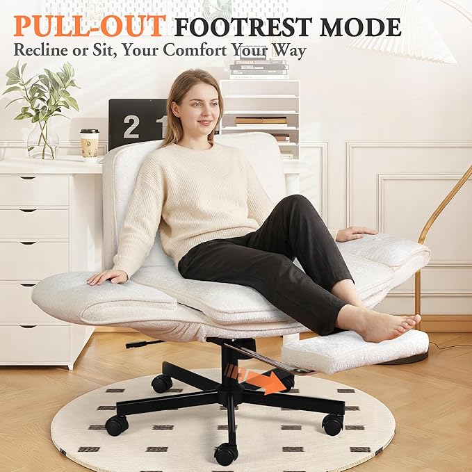 Criss Cross Chair with Footrest & 5 Level Folding Arms Full Relaxation, Wide Cross Legged Office Chair for Home Office, Comfy Swivel Desk Chair with Ottoman, Chenille Vanity Chair (White)