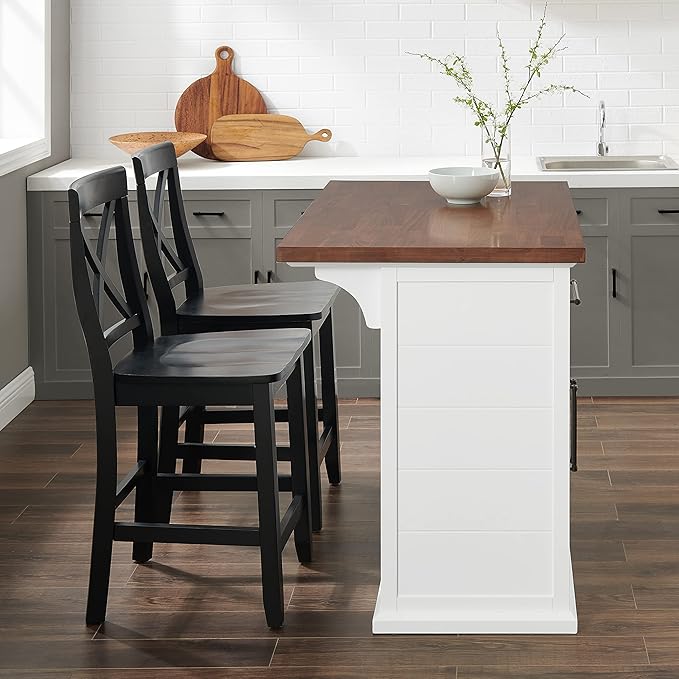 Crosley Furniture Bartlett Kitchen Island with Wood Top and X-Back Stools, White/Black