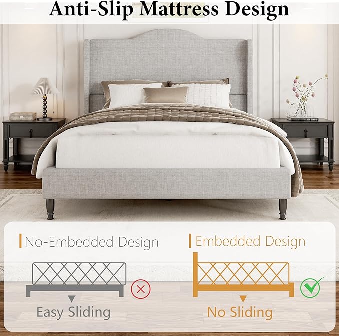Full Bed Frame with Headboard, Upholstered Platform Bed with Tall Wingback Headboard, Sturdy Wood Slats Support, Easy Assembly, No Box Spring Needed, Modern Style for Bedroom, Beige