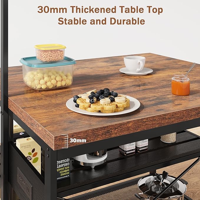 GarveeHome 47 in Kitchen Island with Power Outlet & Storage - Large Bakers Rack, Microwave Stand with 3-Tier Shelves & 5 Hooks for Pantry Organization