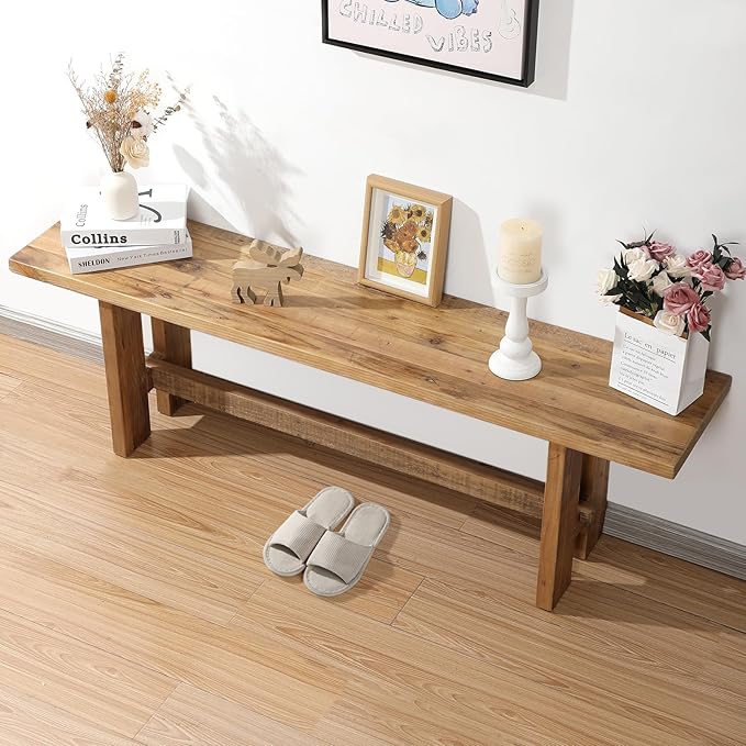 HOKYHOKY Reclaimed Solid Wood Bench, 55" Farmhouse Entryway Bench for Hallway, Kitchen, Dining, Bedroom, Narrow Indoor Bench with Rustic Charm