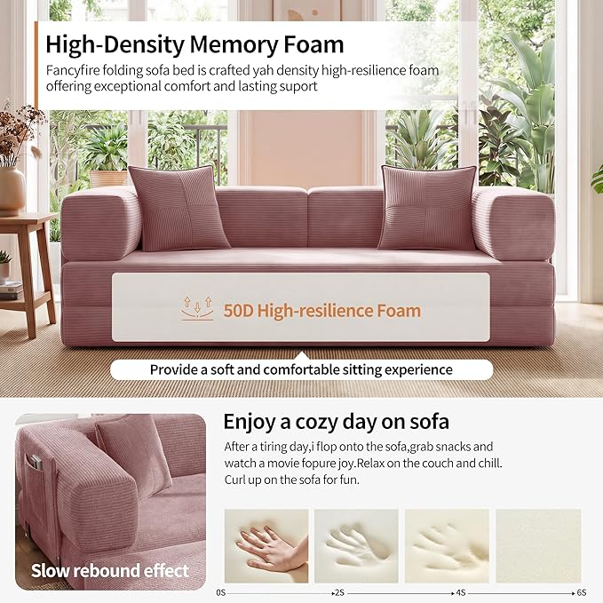 78.8" Convertible Sofa Bed with Armrest Pillow, 4-in-1 Sleeper Couch Bed for Livingroom, Modular Corduroy Boneless couches, No Assembly (Pink)
