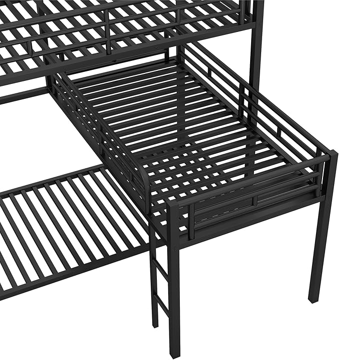 MERITLINE Metal Triple Bunk Bed for Kids, L-Shaped Twin Over Twin & Twin Bunk Bed Frame, 3 in 1 Bed Bunk Beds with Guardrails and Ladders for Teens Adults, Black