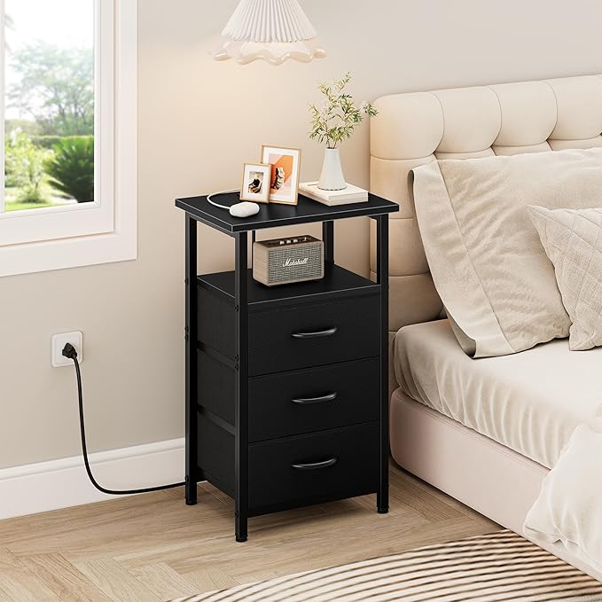 Vagusicc Nightstand Set of 2 with Charging Station, Bedside Table with USB Ports and Outlet, End Table Side Table with 3 Fabric Drawers and Storage Shelf, Bed Side Table Night Stand for Bedroom, Black