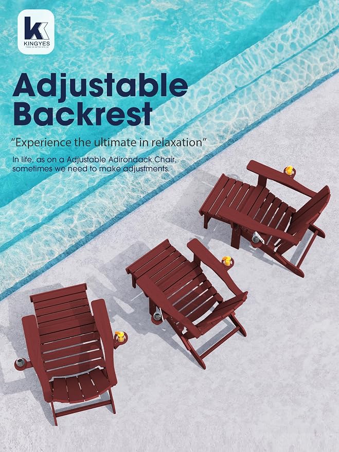 KINGYES Folding Adjustable Adirondack Chair with Ottoman & 2 Cup Holders, HDPE Reclining Adirondack Chair with Footrest, Red