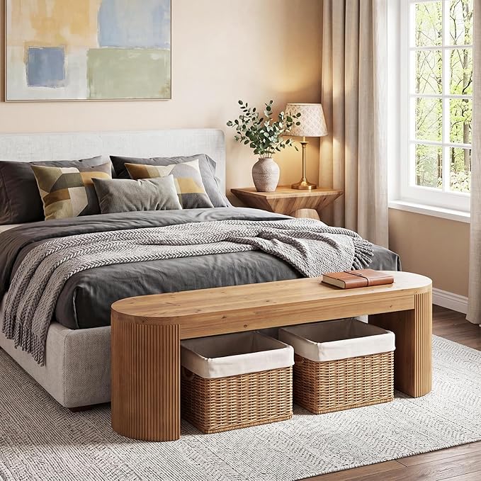 LITTLE TREE 55” Solid Wood Entryway Bench, Farmhouse Dining Bench with Fluted Legs & Half Round Curved Sides, Long Shoe Bench with Storage, Wooden End of Bed Bench for Bedroom, Dining Room