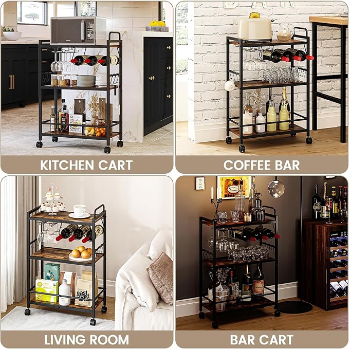 Bar Cart, Serving Cart for Home, Microwave Cart, Drink Cart, Mobile Kitchen Shelf with Wine Rack and Glass Holder, Rolling Beverage Cart for Dining Room(Rustic Brown and Black)