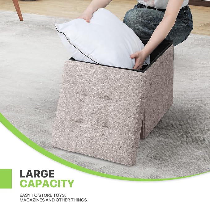 Magshion Folding Storage Ottoman Cube, 15 Inches Small Foot Rest Stool, Square Ottoman with Storage for Bedroom, Living Room, Dorm, Beige