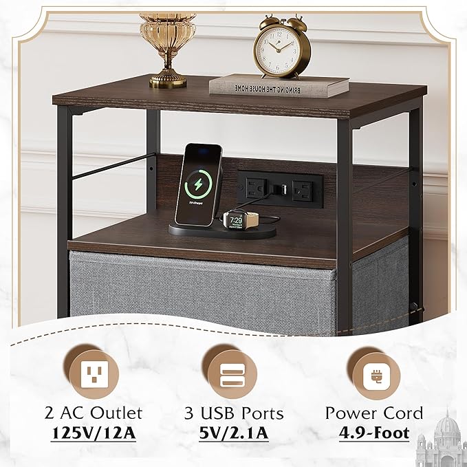 WLIVE Nightstand with Charging Station, 31.9" H Nightstand with 3 Fabric Drawers, LED Bedside Table with USB Ports and Outlets, End Table for Bedroom, Dorm, Entryway, Dark Grey
