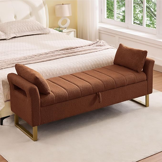 66'' Storage Bench for Bedroom End of Bed King Size, Bedroom Benches for Foot of Bed King, Teddy Brown Ottoman Bench with Storage with Armrest for Windows, Closet