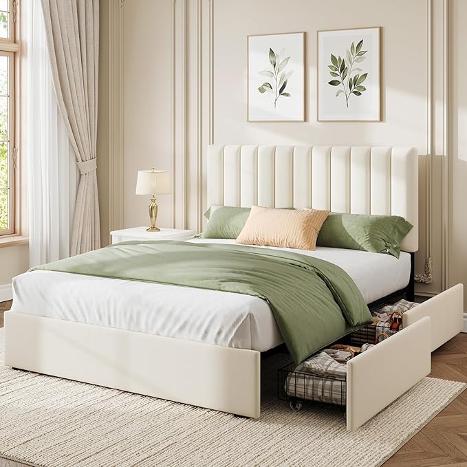 Welzona Full Bed Frame with Storage and Headboard, Velvet Upholstered Metal Platform Bed with Vertical Channel Tufted Headboard, 3-Level Height, 4 Storage Drawers, Noise Free, Easy Assembly, White