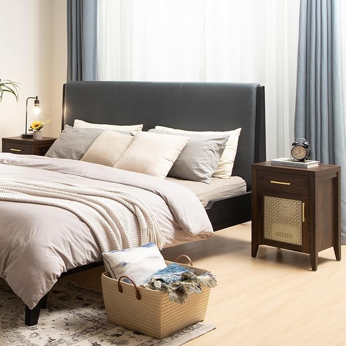 SICOTAS Tall Nightstands Set of 2 with Drawer, Mid Century Modern Wooden Night Stand Rustic Bedside Tables with Storage, Vintage End Tables with Metal Mesh Door for Bedroom, Espresso Walnut