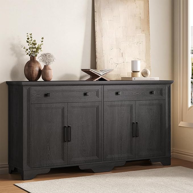 ONBRILL 63" Sideboard Buffet Cabinet, Kitchen Buffet Storage Cabinet, Large Credenza with Drawers & Doors, Wood Coffee Bar Console Wine Bar for Living Room Hallway Black