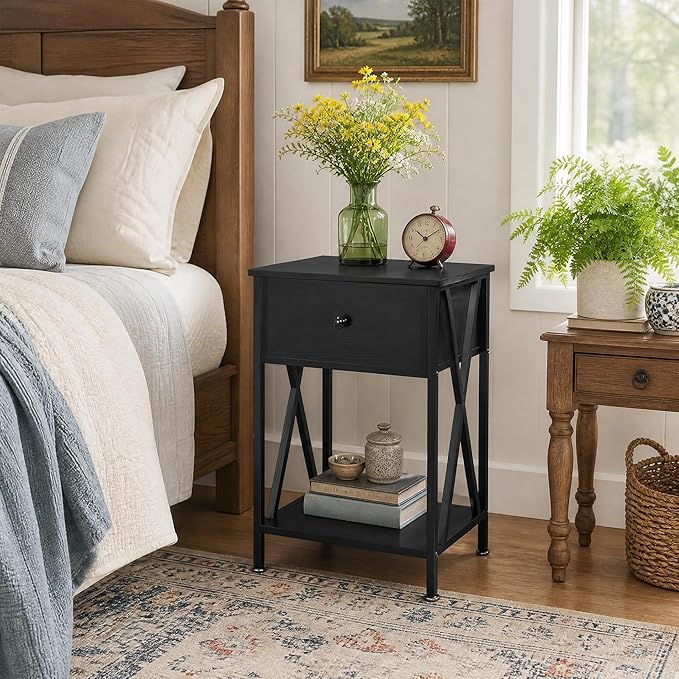 VECELO Nightstands Set of 2, Modern Bedside End Tables, Night Stands with Drawer and Storage Shelf for Living Room Bedroom, Industrial Metal Frame