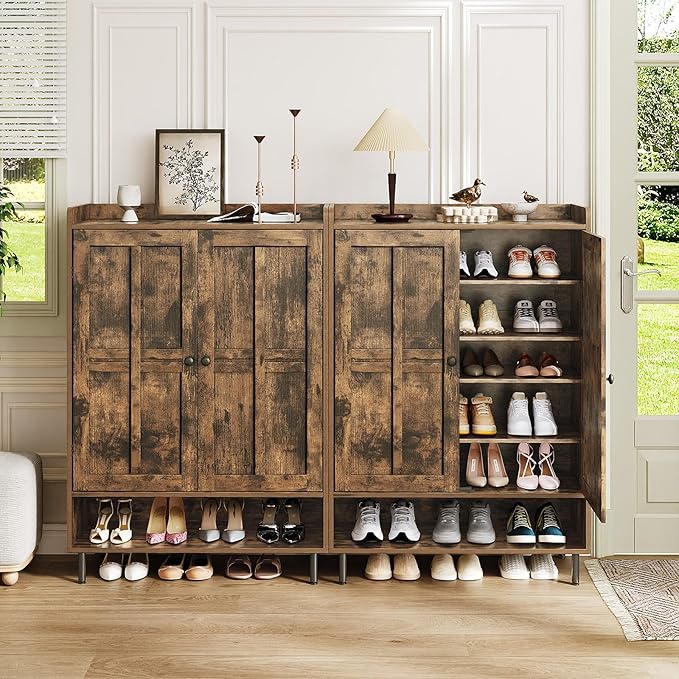 ComfyCorner Brown 7+1 Tier Farmhouse Shoe Storage Cabinet - 45" Tall Entryway Organizer with Cross Molding Doors, 3 Adjustable Shelves & Metal Legs, Shoe Rack for Front Door Entrance