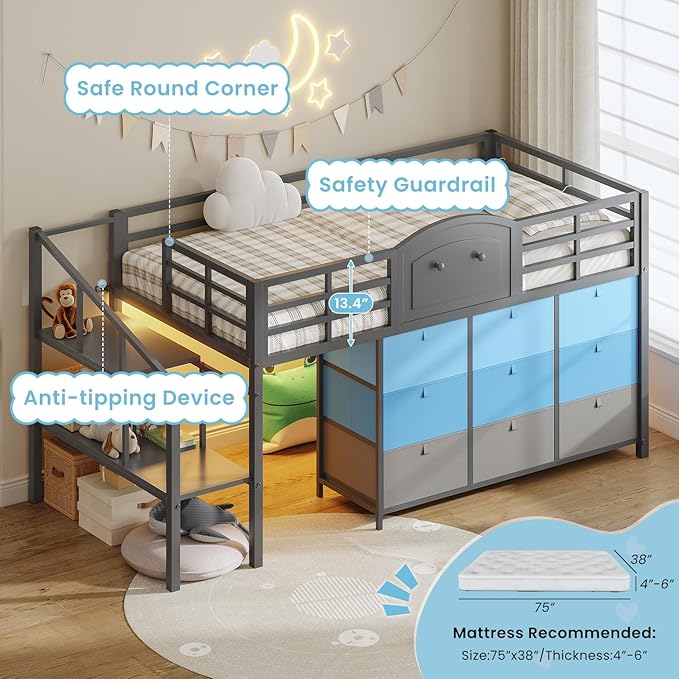 VIAGDO Low Loft Bed Twin Size with 9 Storage Drawers and LED Lights, Metal Twin Loft Bed with Stairway Shelf Storage, Low Loft Bed with Safety Guardrail and Under-Bed Hideaway for Kids, Grey