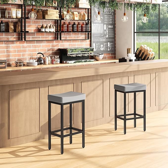 HOOBRO Bar Stools Set of 2, 24.8 Inches Bar Chairs, Counter Height Stools, Saddle Barstools with Curved Surface, 2.4" Thick Upholstery, for Kitchen, Dining Room, Gray and Black BG10BY01