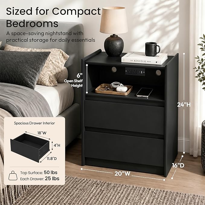 24" Tall Nightstand with Charging Station Including USB-C, Modern Bedside Table and Sofa End Table - Black, 2 Drawers, Set of 2