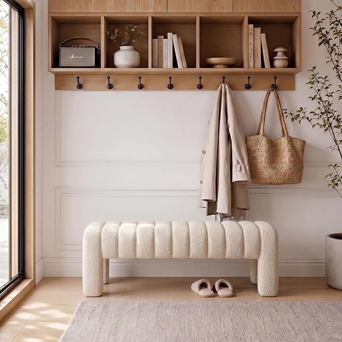 43’’ Bedroom Bench, Upholstered End of Bed Bench with Solid Wood Legs, Modern Small Dining Bench with Full Covered Fabrics for Entryway, Bedroom, Living Room (Beige, Linen)